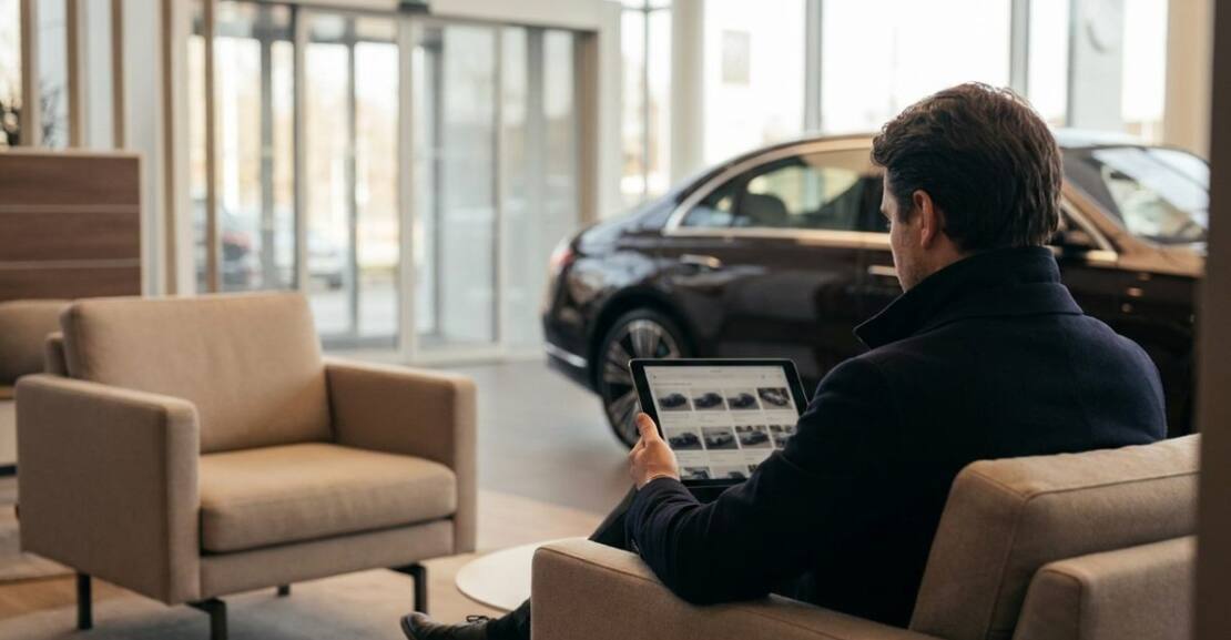 Cliente consultando vehículos en una tableta