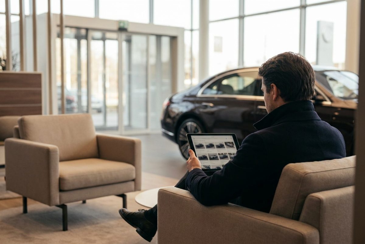 Cliente consultando vehículos en una tableta en un concesionario